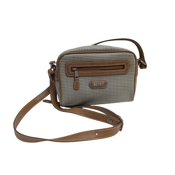Esprit Oatmeal & Tan‎ Checkered Crossbody Zip Clutch Small Vintage Bag - Picture 1 of 11